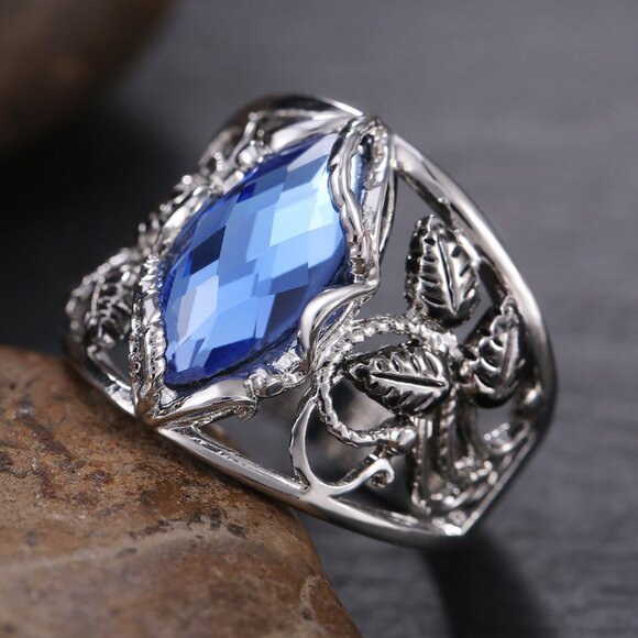 Double Layer Blue Marquis Carved Zircon Vintage Rings for Women, PD011 - Picture 3 of 9